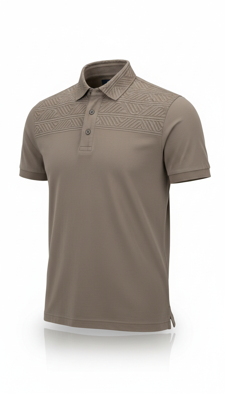 Taupe polo with embossed collar detail